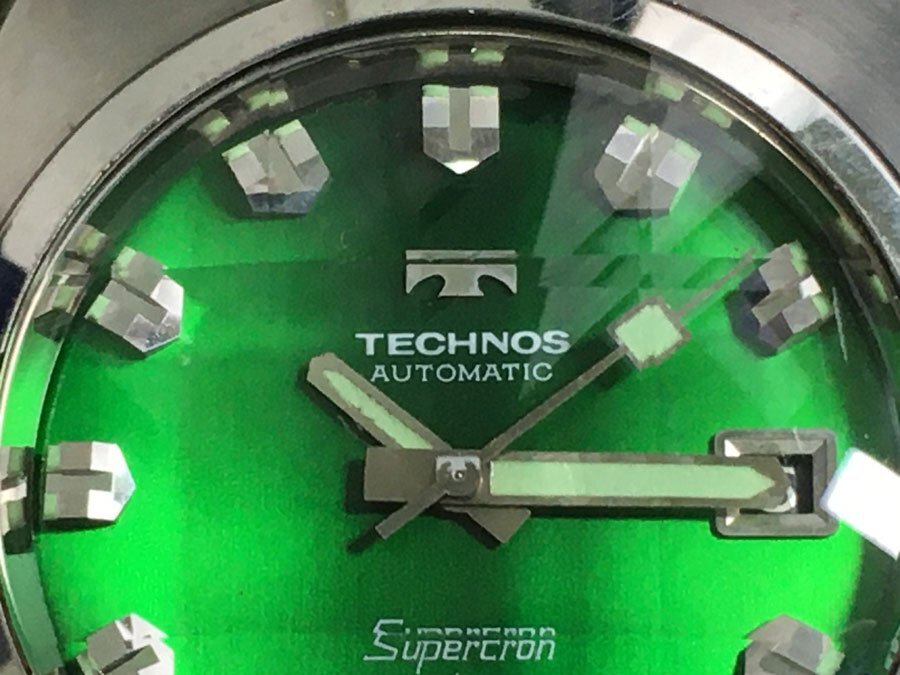 稼働品 訳あり TECHNOS SUPERCRON 腕時計 テクノス スーパークロン AUTOMATIC 自動巻き 文字盤グリーン カットガラス ヴィンテージ