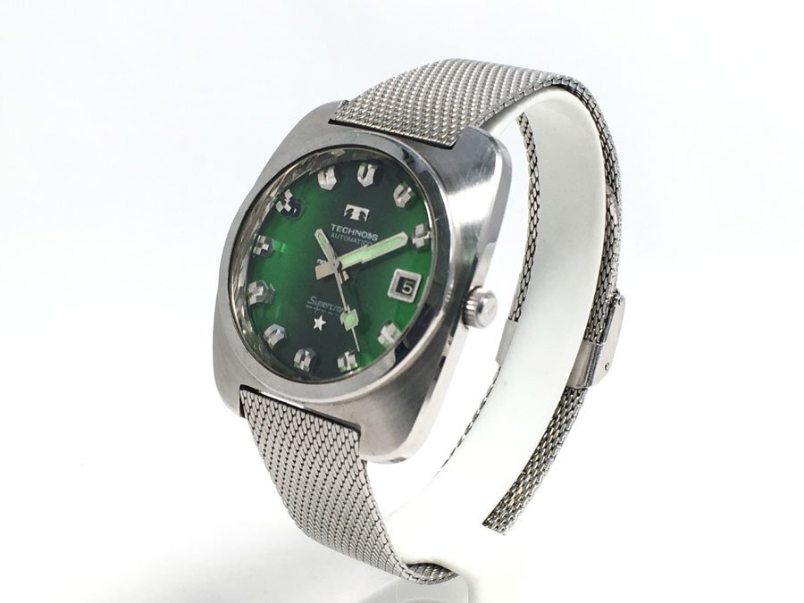  работа товар есть перевод TECHNOS SUPERCRON наручные часы Tecnos super k long AUTOMATIC самозаводящиеся часы циферблат зеленый не пропускающее стекло Vintage 