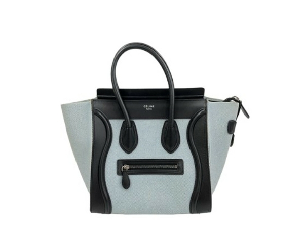 CELINE セリーヌ ラゲージ マイクロ ショッパー トートバッグ ライトブルー×黒 キャンバス×レザー シルバー金具 中古 T7861170_画像2