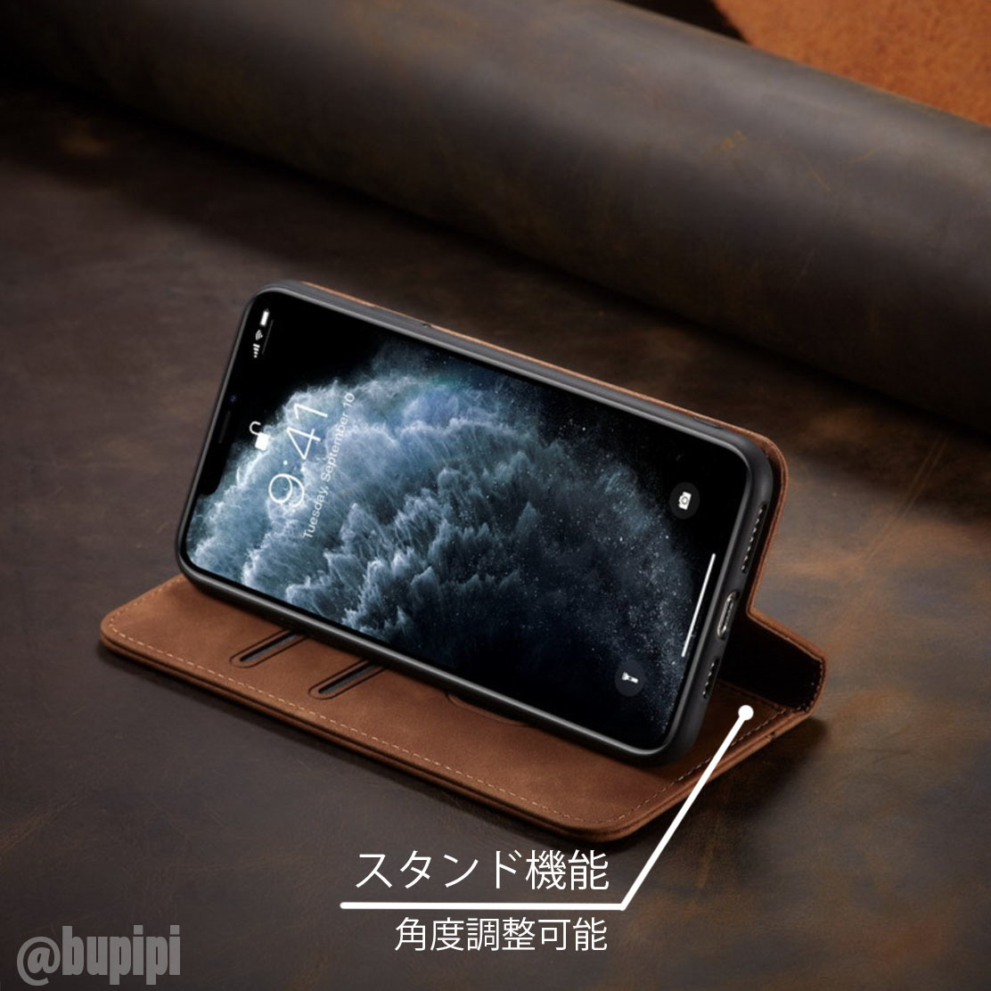 手帳型 スマホケース 高品質 レザー iphone 13 対応 本革調 キャメル カバーの画像3
