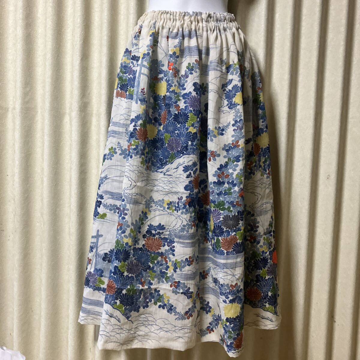 着物(夏物小千縮)リメイク 涼しく素敵なギャザースカート ハンドメイド Fの画像1