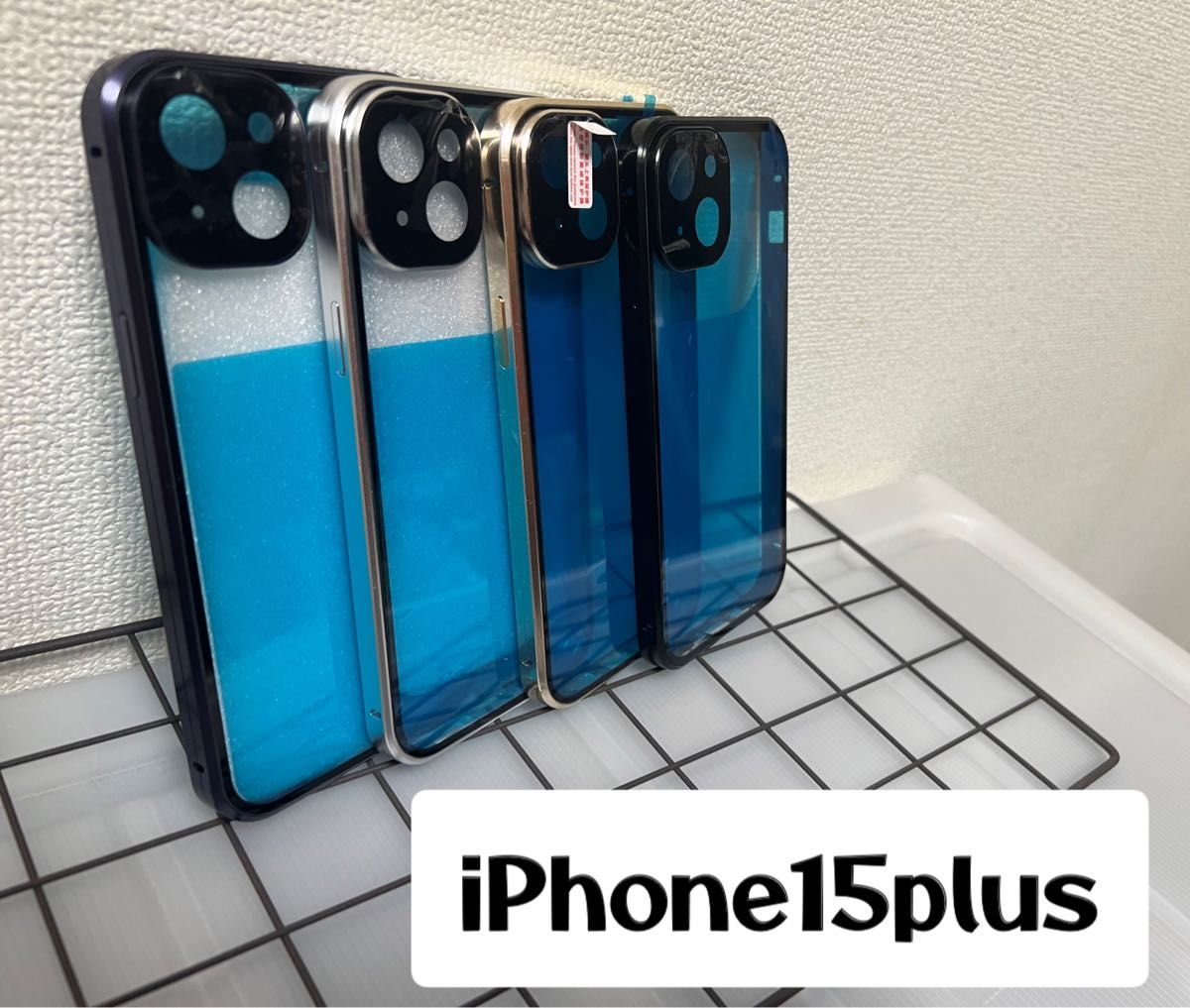 最新機種 iPhone15plus ゴールド 耐衝撃 両面 強化ガラス レンズ保護 スライドロック 高硬度ガラス アルミ合金 安い