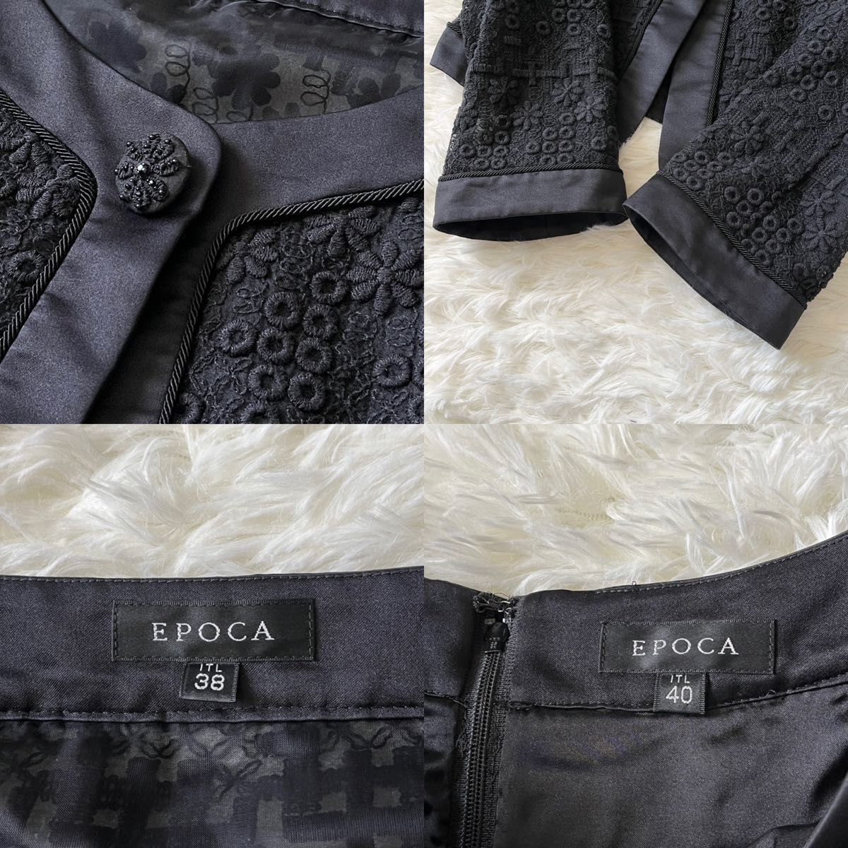 EPOCA エポカ セットアップ スーツ ワンピース ノーカラージャケット ショート丈 刺繍 花 ビーズ シースルー ブラック 黒