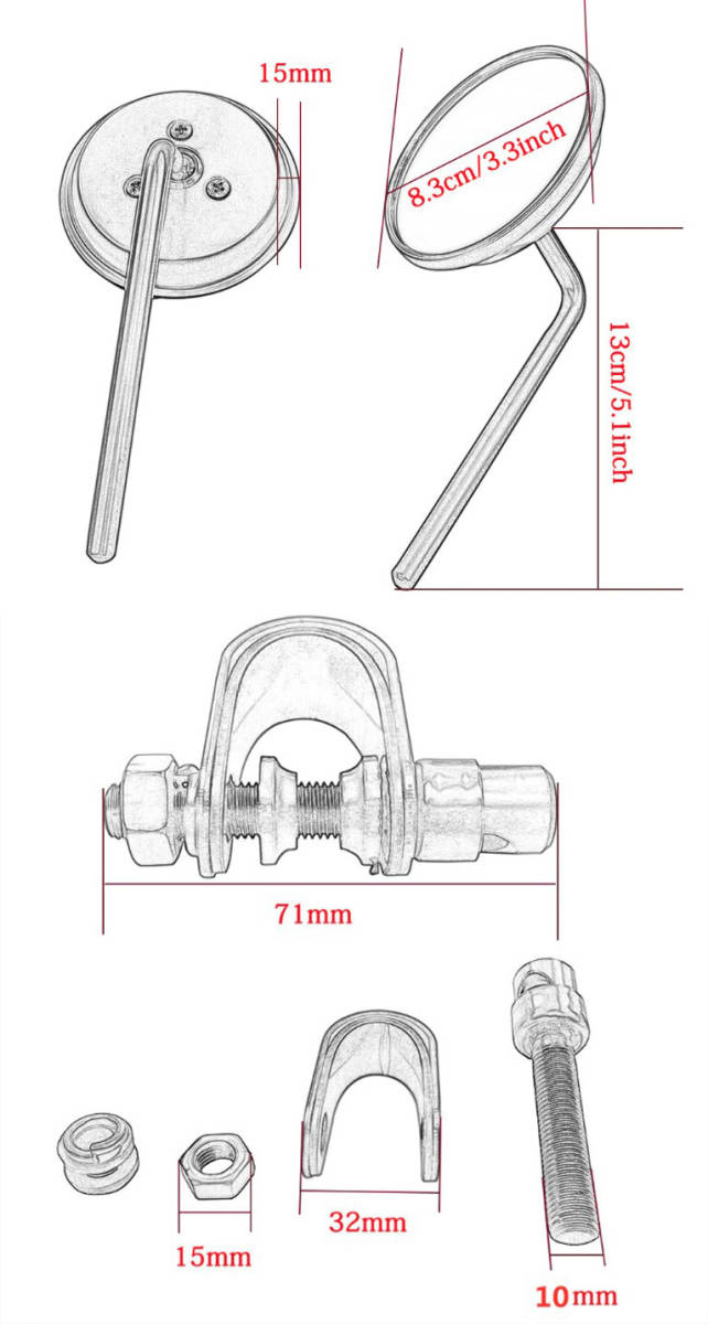 バイク汎用 ハンドルクランプ/ラウンドミラー シルバー HONDA CB400F/SS GB350S JAZZ マグナ50/250 レブル250/500/1100 CL250 FTR223の画像9