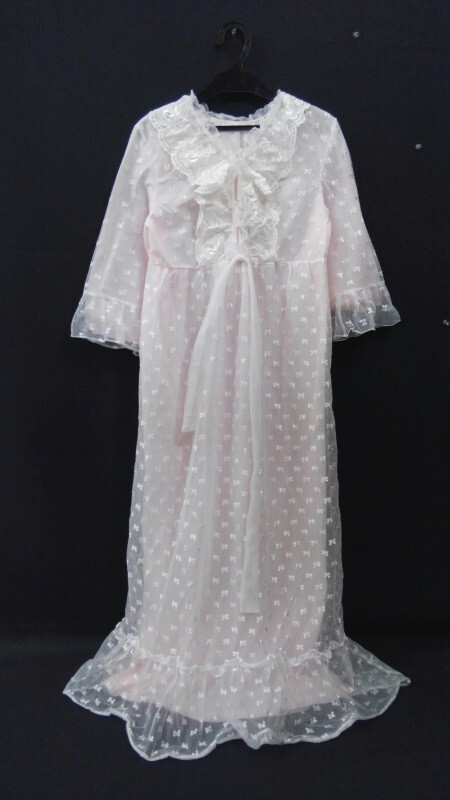 r2_2981r Mill cot Night wear long negligee 7 minute sleeve soft chiffon cloth floral print .... race light pink nylon 100%