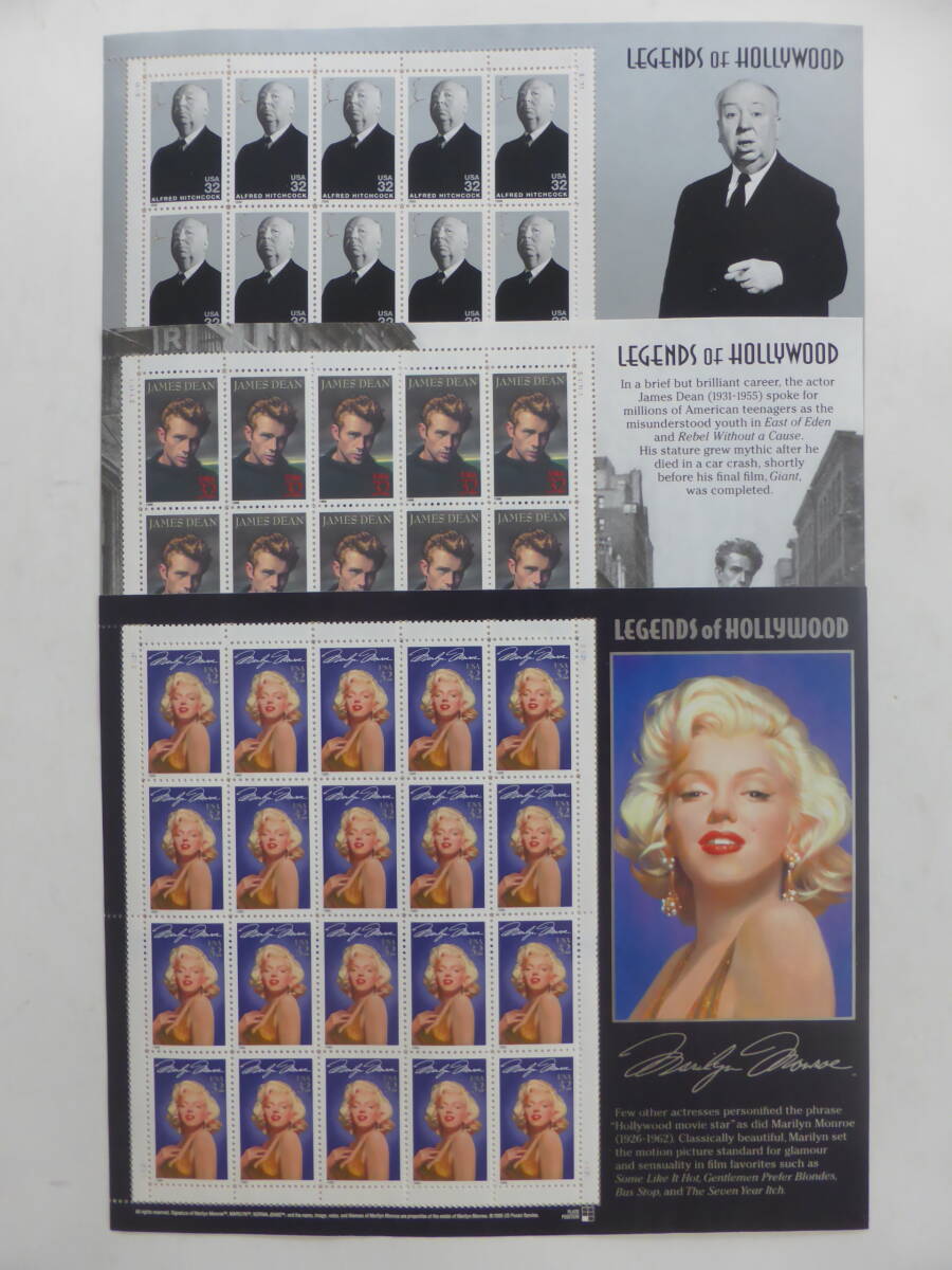 【未使用】外国切手シート LEGENDS of HOLLYWOOD マリリン・モンロー ・ジェームズディーン・ヒッチコック 合計３シートの画像1