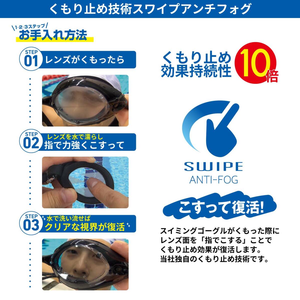 [ビュー] スイミングゴーグル ミラータイプ 日本製 フィットネス 大人用 UVカット くもり止め機能SWIPE搭載 簡単装着モデル ブラック_画像4