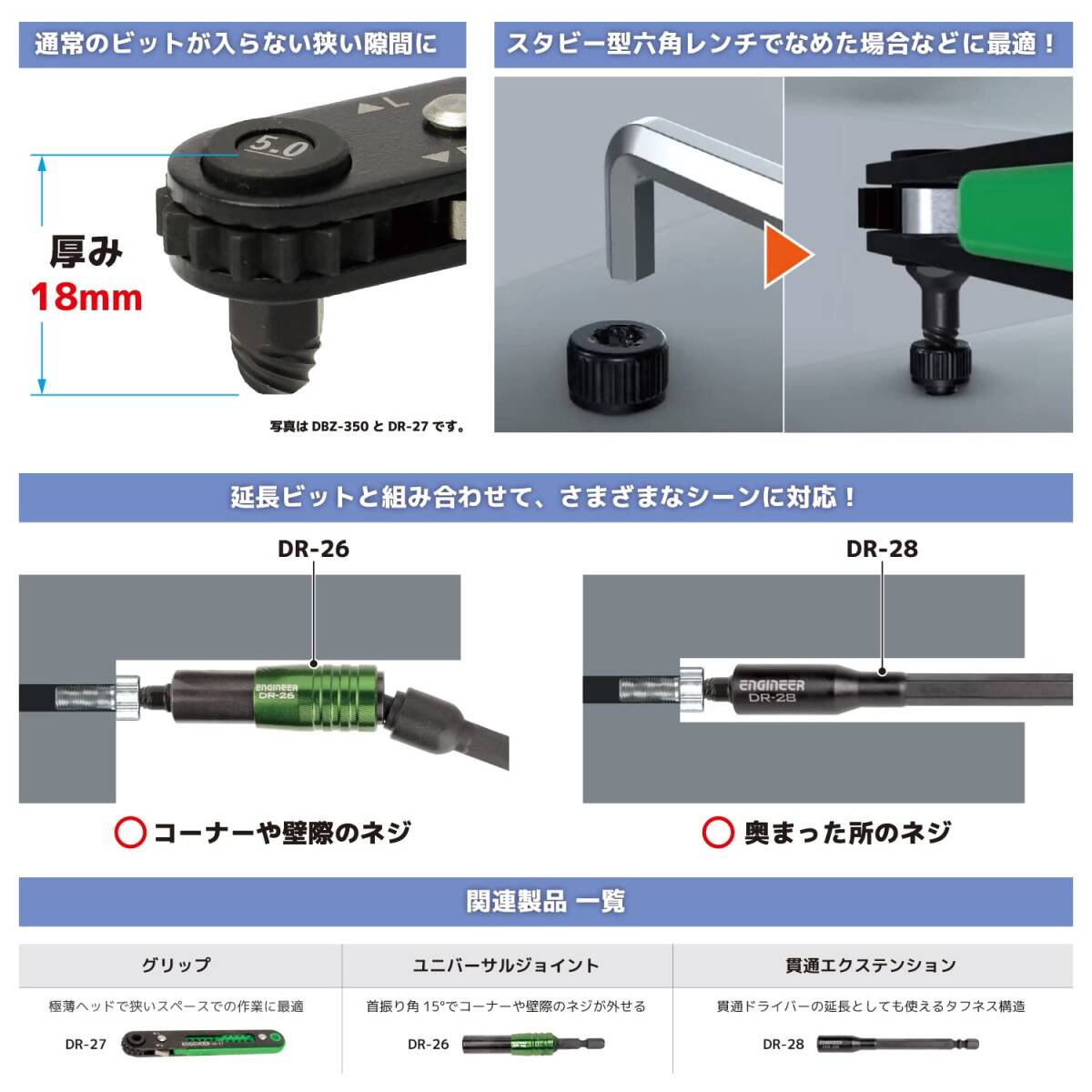 ENGINEER エンジニア ネジザウルスモグラ 極短 潰れたネジ外し用ショートビット キャップボルト ホーローセット 六角穴対辺:3.0mm_画像3