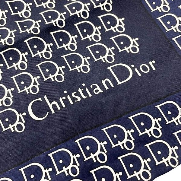 11686 クリスチャン ディオール スカーフ シルク100％ 絹 ネイビー 紺 Christian Dior ロゴ_画像4