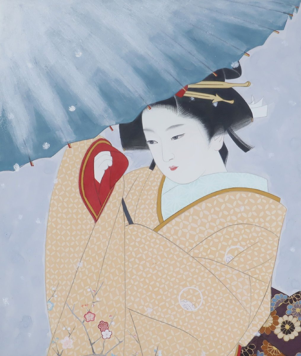日本画「雪」額装品 2 / 美人画 人物図 作者不明_画像1