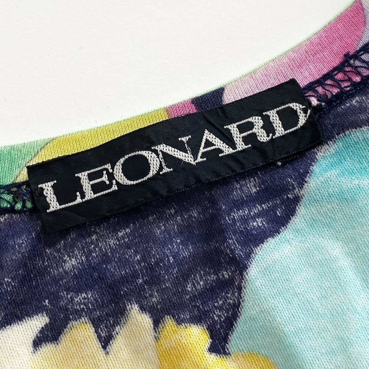 Gd15 LEONARD レオナール 半袖Tシャツ カットソー フラワープリント 花柄 リボン Lサイズ コットン100 ネイビー レディース 女性用_画像6