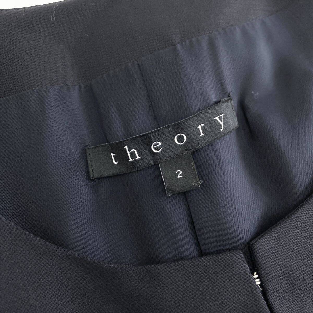 Gd24《美品》theory セオリー ノーカラーコート ロングコート ウールブレンド◎ 薄手 2/Mサイズ相当 ネイビー レディース 女性用の画像7