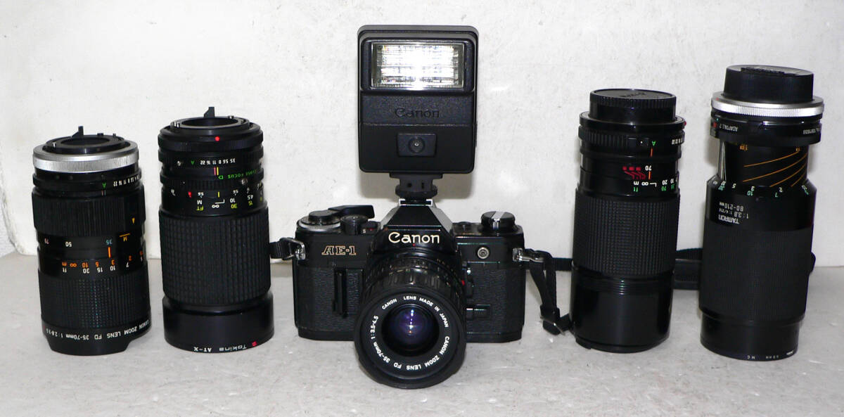 ★ ジャンク品 / CANON AE-1 + FD 35-70mm、他レンズ-4本 (CANON、トキナー、タムロン) 、ストロボ ★_画像2