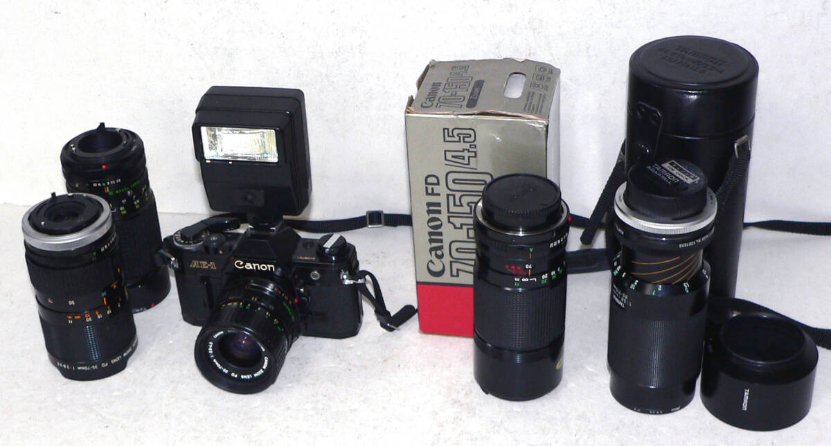 ★ ジャンク品 / CANON AE-1 + FD 35-70mm、他レンズ-4本 (CANON、トキナー、タムロン) 、ストロボ ★_画像1