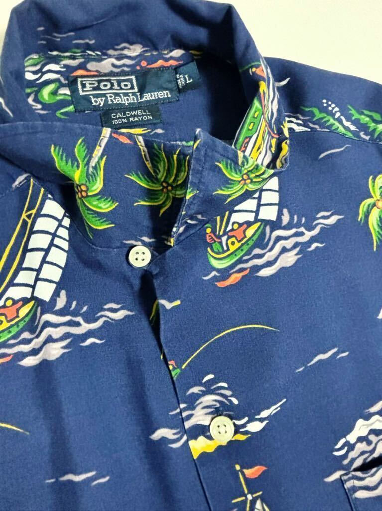 美品 極上柄 VINTAGE POLO Ralph Lauren オープンカラー レーヨン 半袖 シャツ アロハ ハワイアン ポロ ラルフローレン 総柄 CALDWELL_画像8