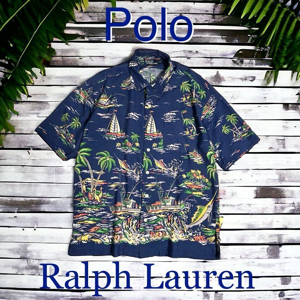 美品 極上柄 VINTAGE POLO Ralph Lauren オープンカラー レーヨン 半袖 シャツ アロハ ハワイアン ポロ ラルフローレン 総柄 CALDWELL_画像1