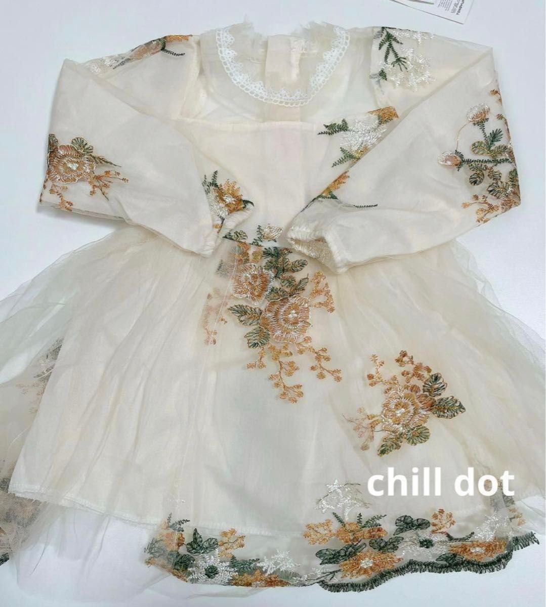 女の子 ドレス ワンピース 花柄 刺繍 韓国 フォーマル チュールワンピース 子供ドレス  清楚 オレンジ