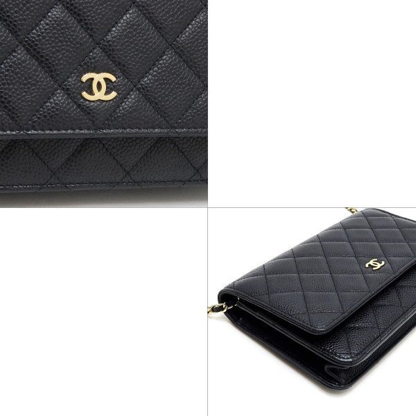 ◆ 本物 新品同様 ◆ CHANEL シャネル チェーンウォレット マトラッセ キャビアスキン ブラック 黒 ゴールド Ｇカード 袋 箱 人気 AP0250_画像6