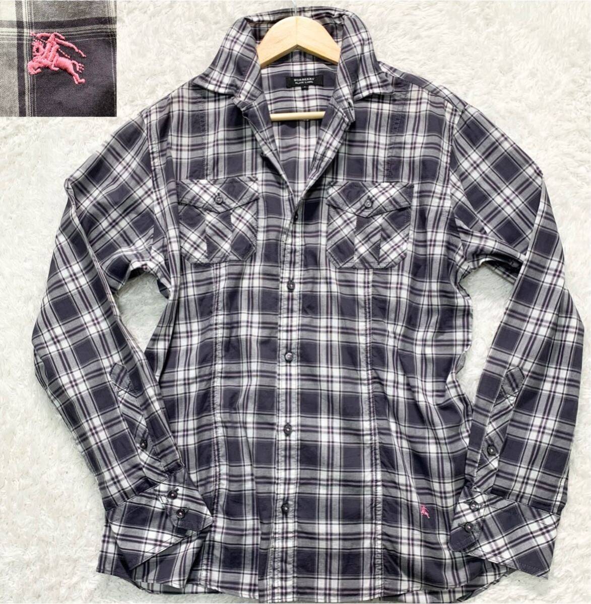 [ ultimate beautiful goods *L corresponding ]BURBERRY BLACK LABEL collar wire long sleeve shirt flannel shirt check hose Mark embroidery Burberry Black Label men's 