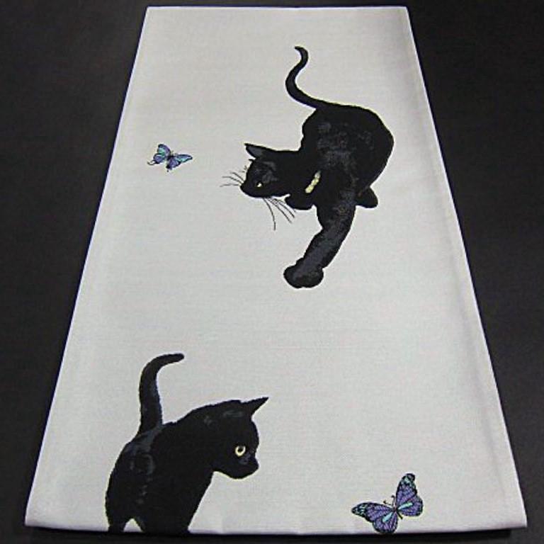 新品未仕立 西陣織高級袋帯 蝶々を追いかける黒猫・クロネコの画像2