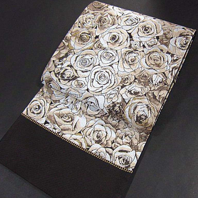 新品未仕立　西陣織六通柄袋帯　満開のバラ　セピア_画像1