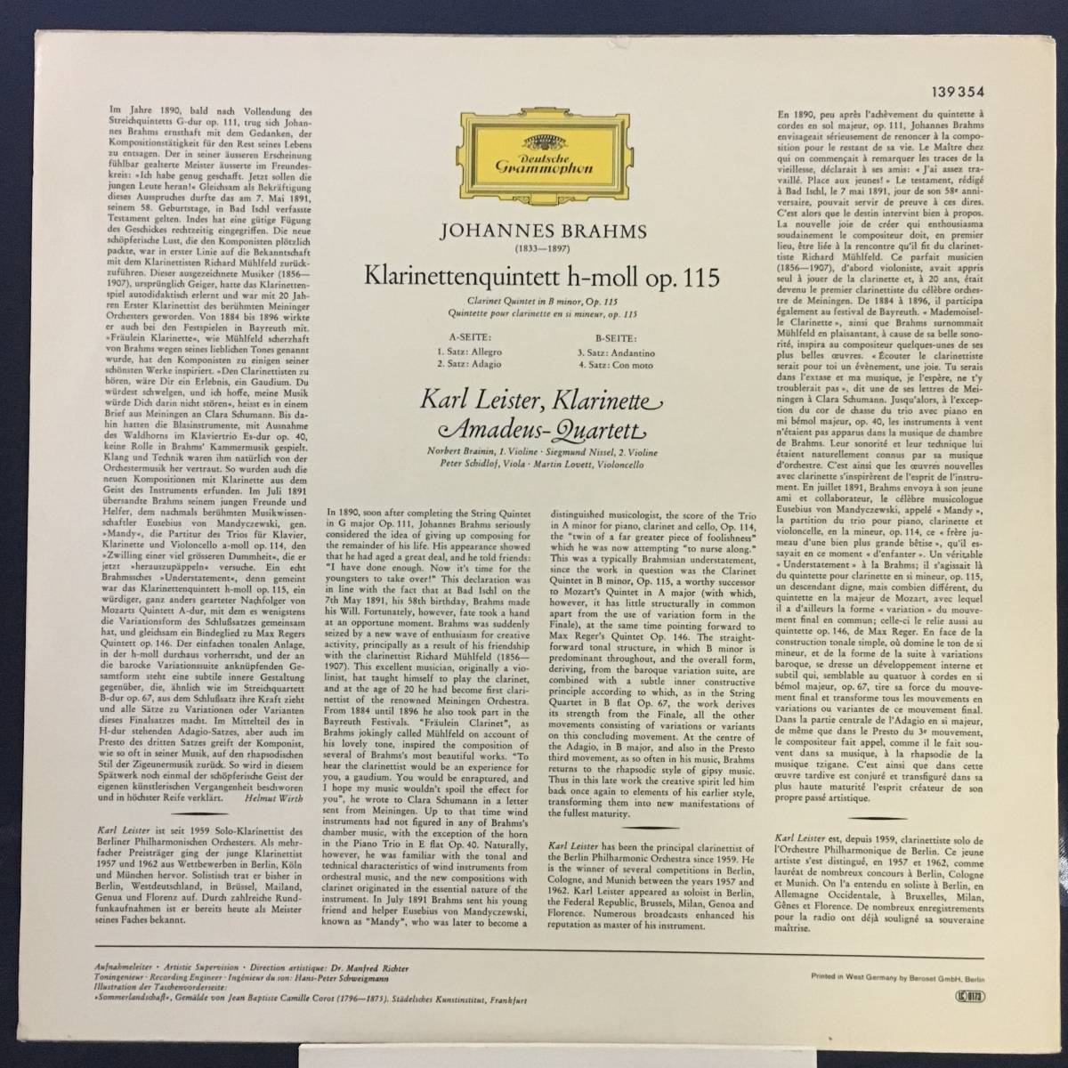 ◆ Brahms ◆ Amadeus Quartett ◆ Karl Leister, Klarinette ◆ 独盤 Grammophon _画像2