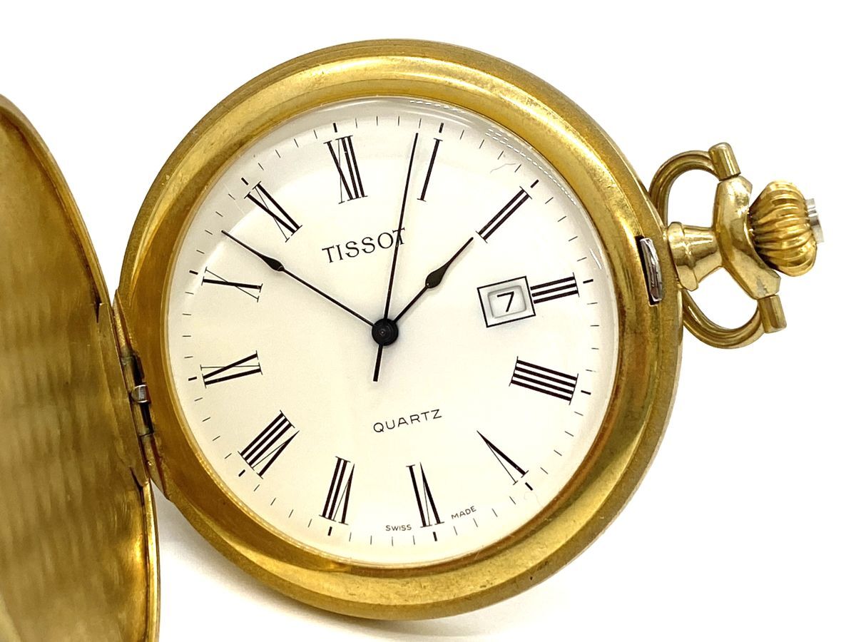 【E113】TISSOT ティソ 懐中時計 ゴールド色 箱付き チェーン付き レトロ 現状品 クオーツ bの画像2
