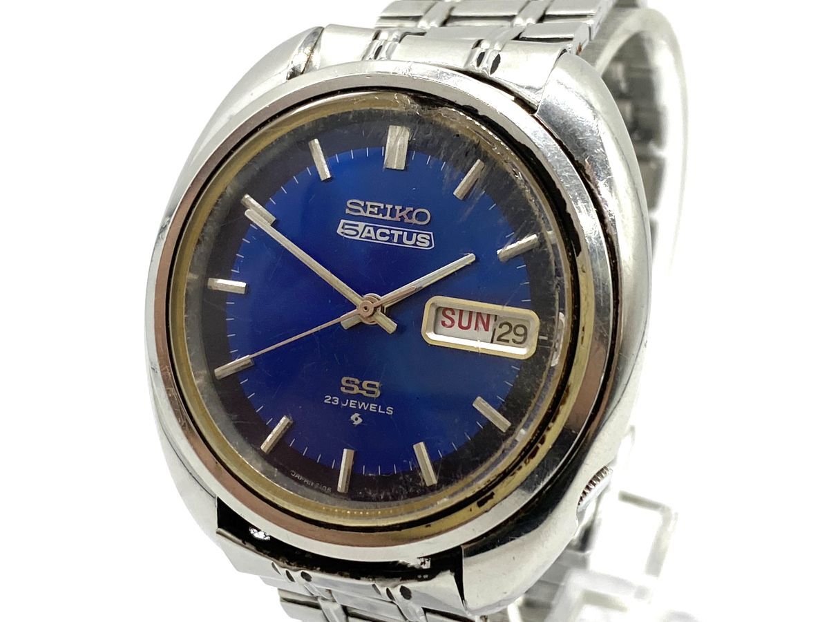 【E157】SEIKO セイコー 5ACTUS ファイブアクタス 6106-7470 自動巻き ラウンド デイデイト 23石 ブルー文字盤 メンズ 腕時計 bの画像1