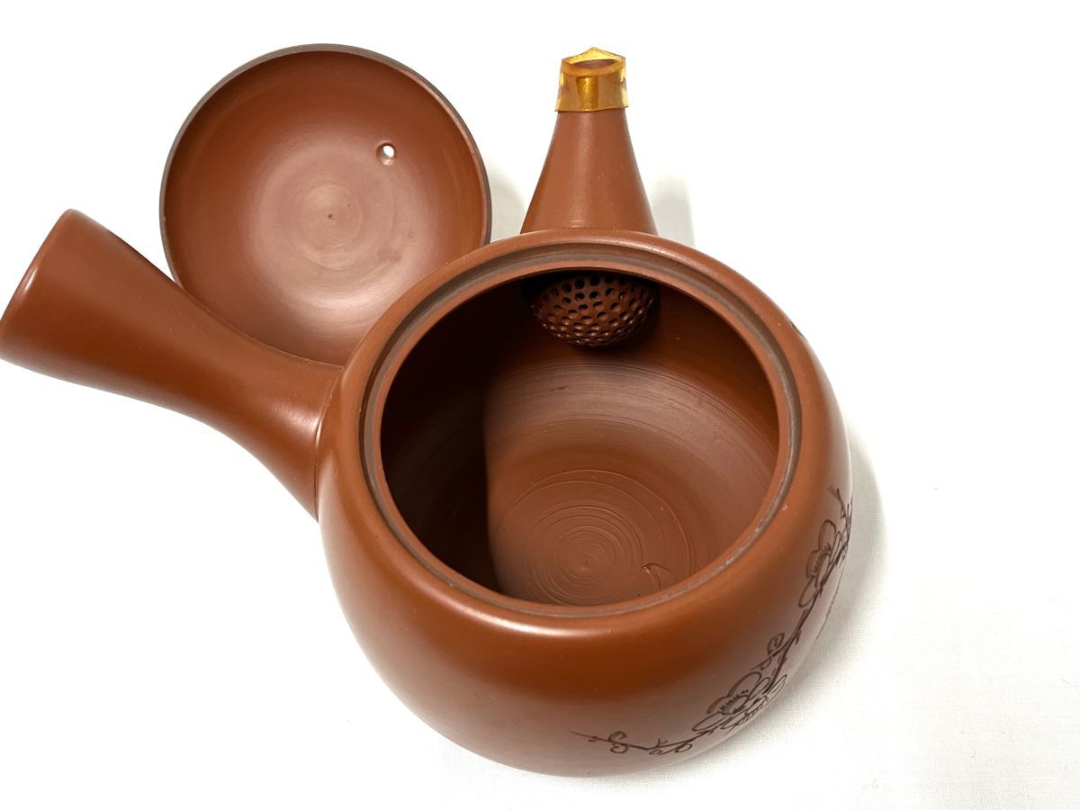 【E148】美品 常滑焼 琴松 朱泥 急須/湯呑み 茶器セット 茶托付き 陶器 焼物 在銘の画像6