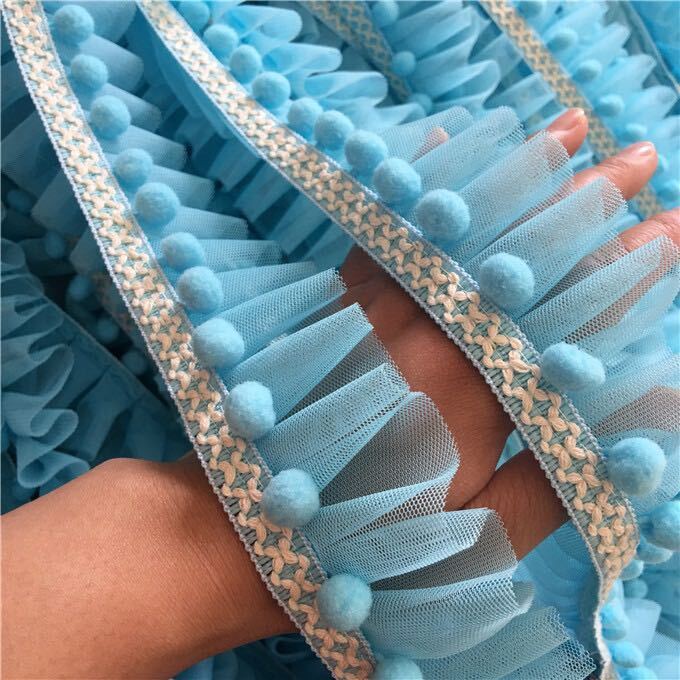 刺繍フリルレース テープ リボン  幅5cm 手芸  ポンポン 衣装 ブルー チュールレース 長さ 1.8m ハンドメイド 青色 ブレードの画像8