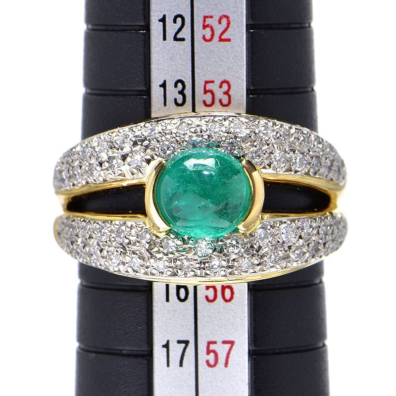 1.22ct natural emerald ring 15 number K18YG Pt900 total 0.47ct natural diamond kaboshon cut yellow gold platinum used free shipping 