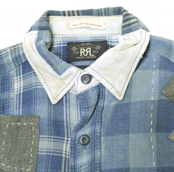 新品 RRL ダブルアールエル LIMITED EDITION 世界112着限定 Patchwork Shirt パッチワークシャツ S Indigo Double RL 長袖 襤褸 g16334の画像6