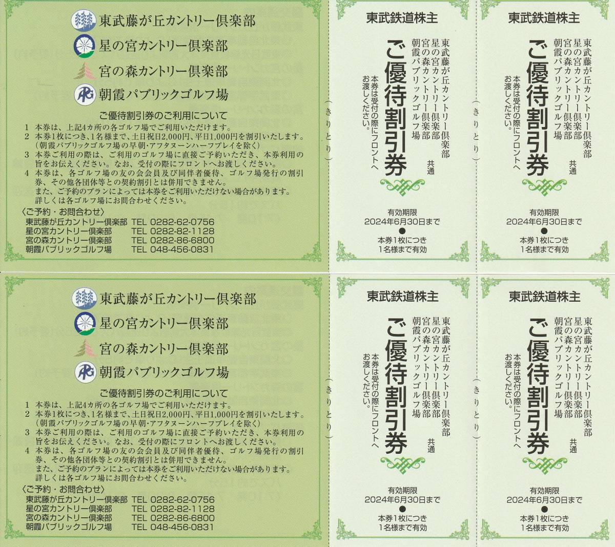 新着★東武鉄道株主★東武藤が丘カントリー倶楽部 星の宮カントリー倶楽部 宮の森カントリー倶楽部★ご優待割引券★2シート（4枚セット）の画像1