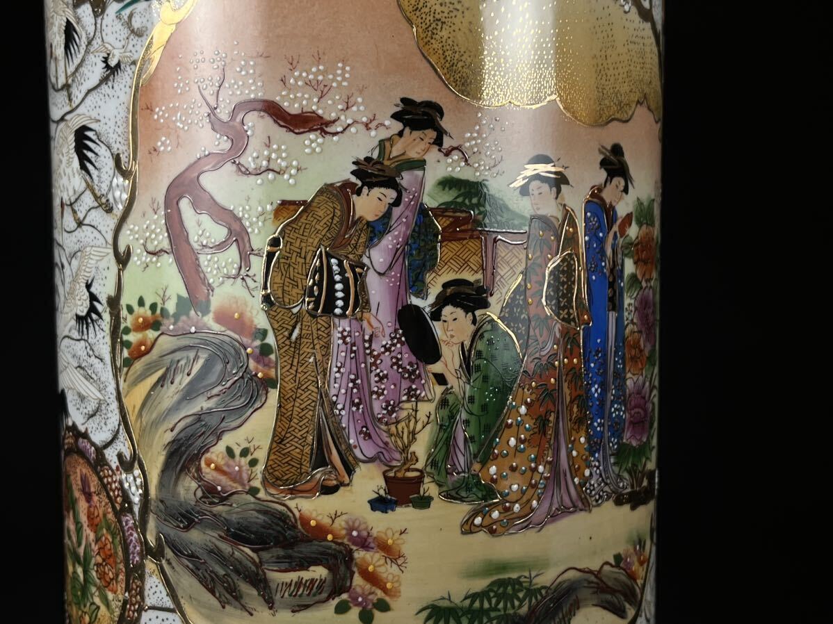 【寧】日本美術 薩摩焼 名品 金彩 郡鶴人物図 豪華絢爛 花瓶 花入 飾壺 (2 2404152)の画像6