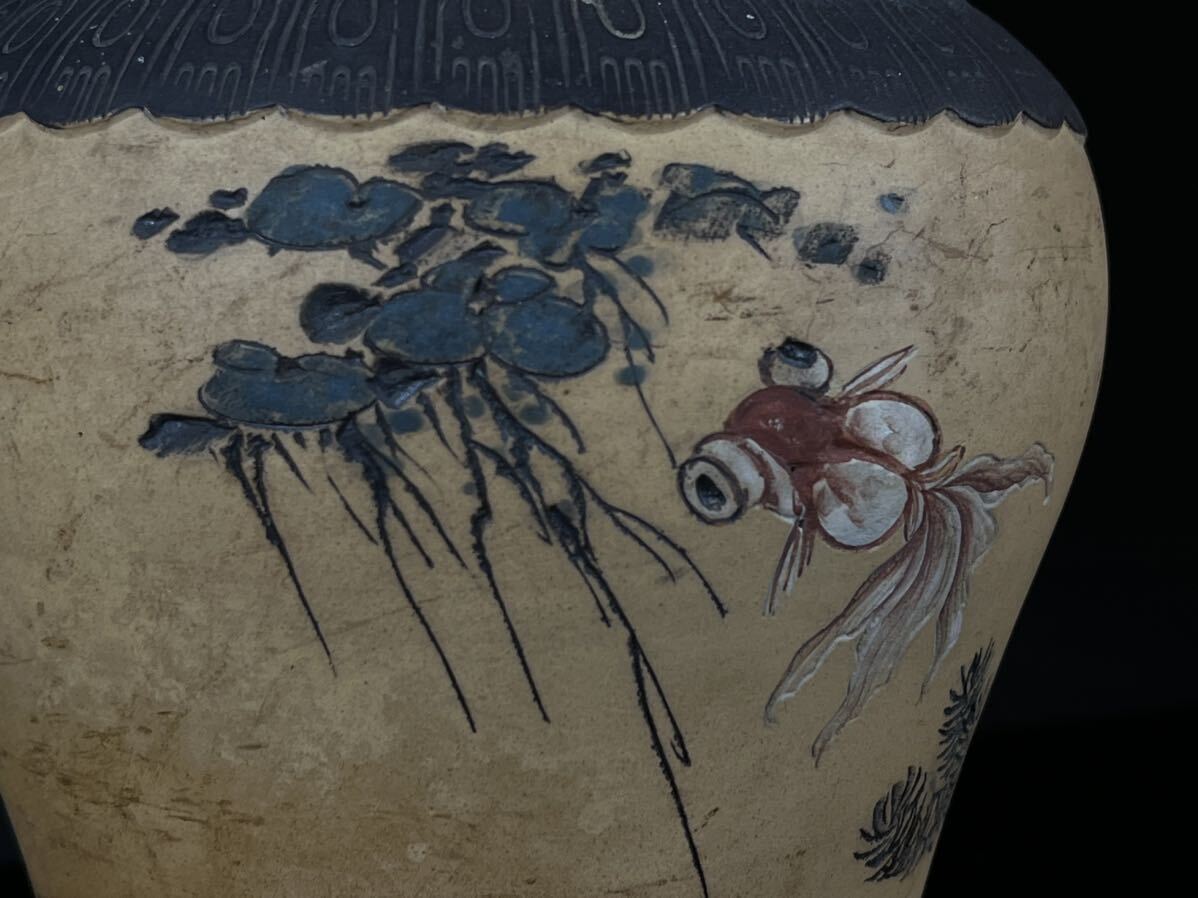【寧】中国古玩 唐物 朱泥 紫砂 白泥 金魚図 花瓶 花器 花入 (1a042428)の画像9