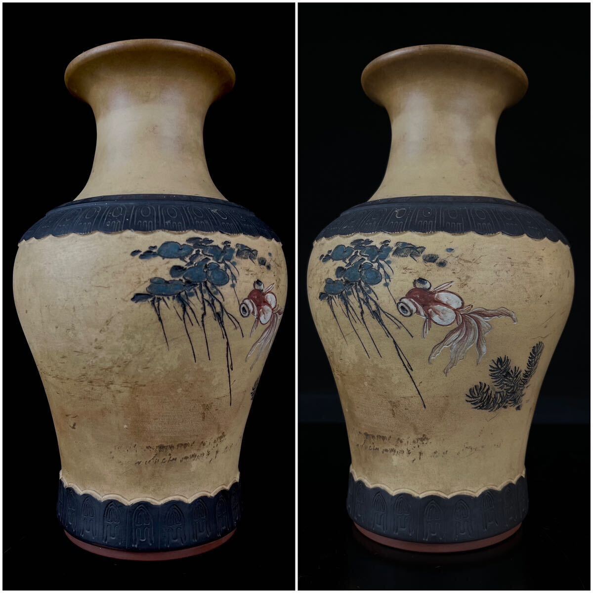【寧】中国古玩 唐物 朱泥 紫砂 白泥 金魚図 花瓶 花器 花入 (1a042428)の画像2