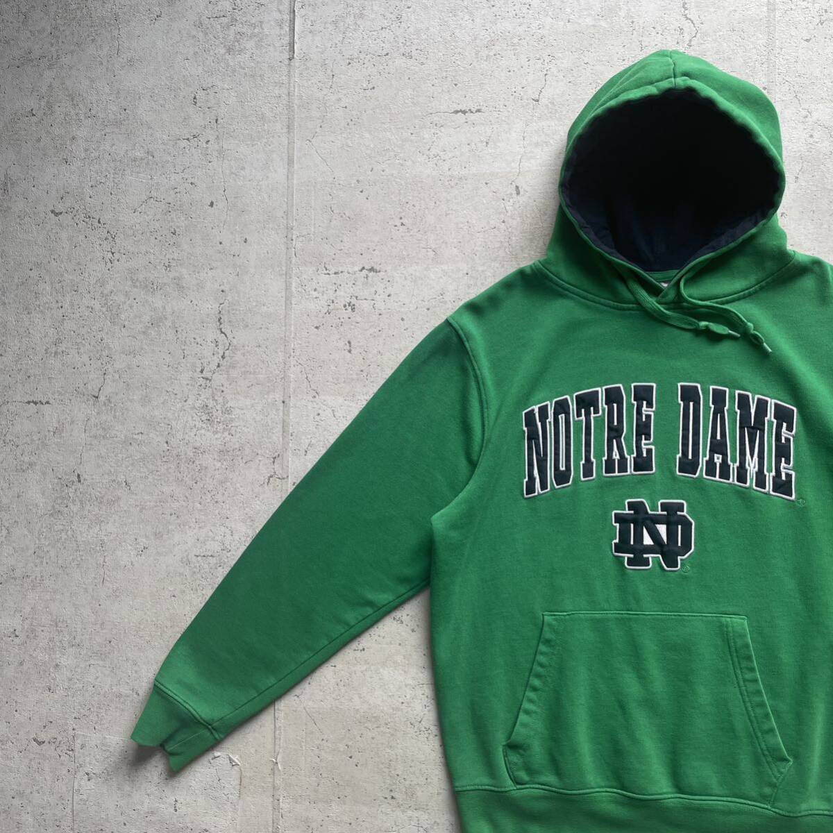 vintage 90's STADIUM カレッジロゴ NOTRE DAME プルオーバーパーカー グリーン Sの画像1