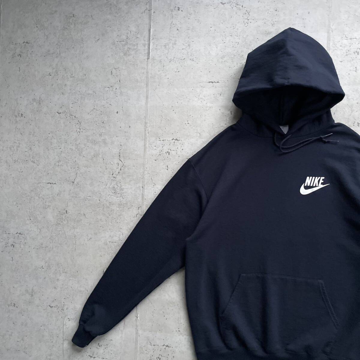 champion チャンピオン×ナイキ NIKE プリントロゴ プルオーバー パーカー ネイビー L_画像1