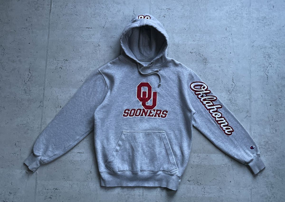 champion チャンピオン ヘビーオンス カレッジロゴ OKLAHOMA SOONERS プルオーバー パーカー グレー S_画像2