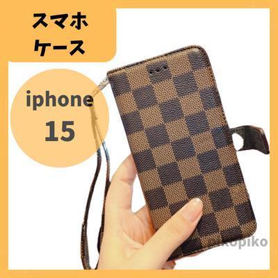 【大人気】チェック柄 手帳型 スマホケース iPhone15 ブラウン_画像1