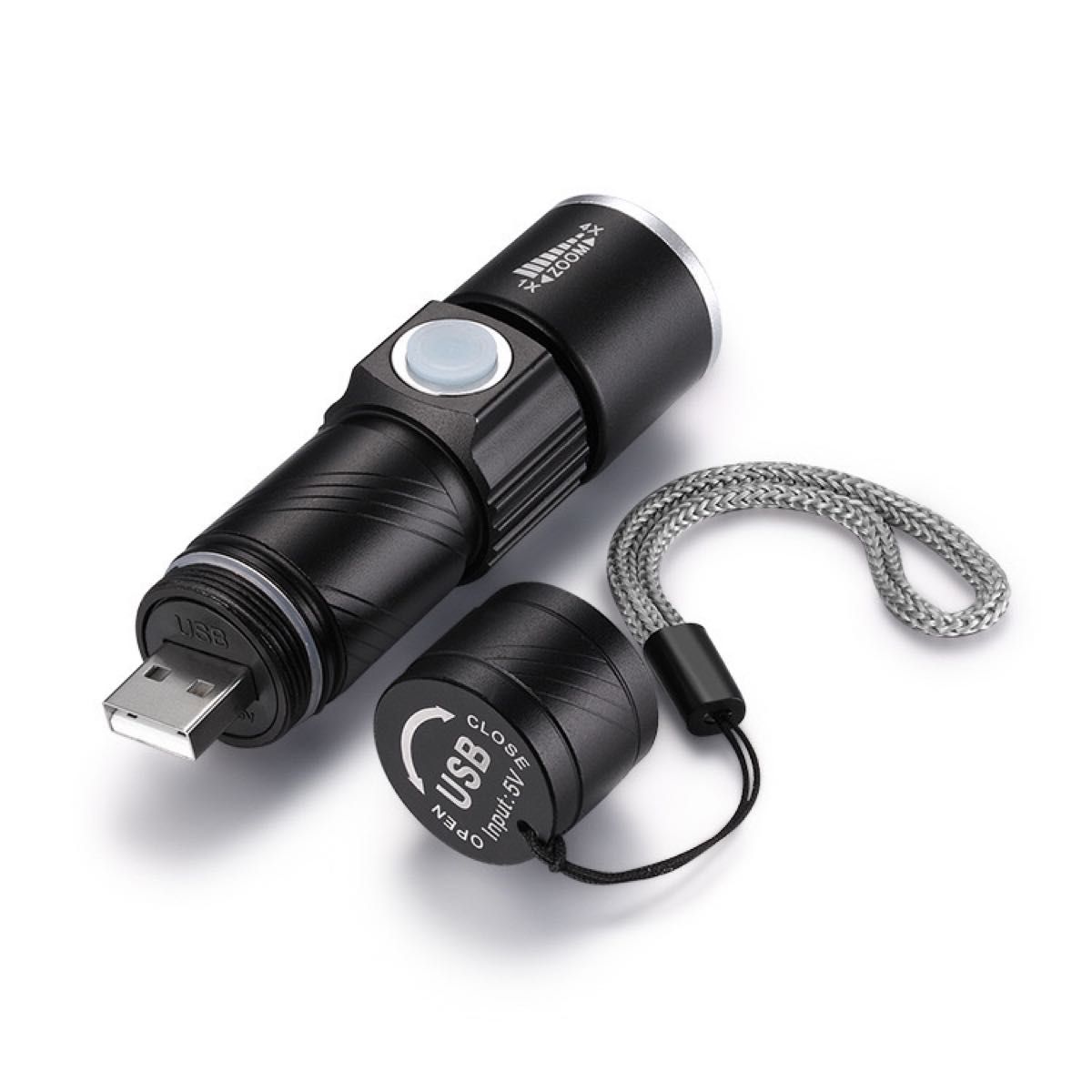円筒型自転車ライト 3段階LED USB充電 防水 懐中電灯 コンパクト　黒