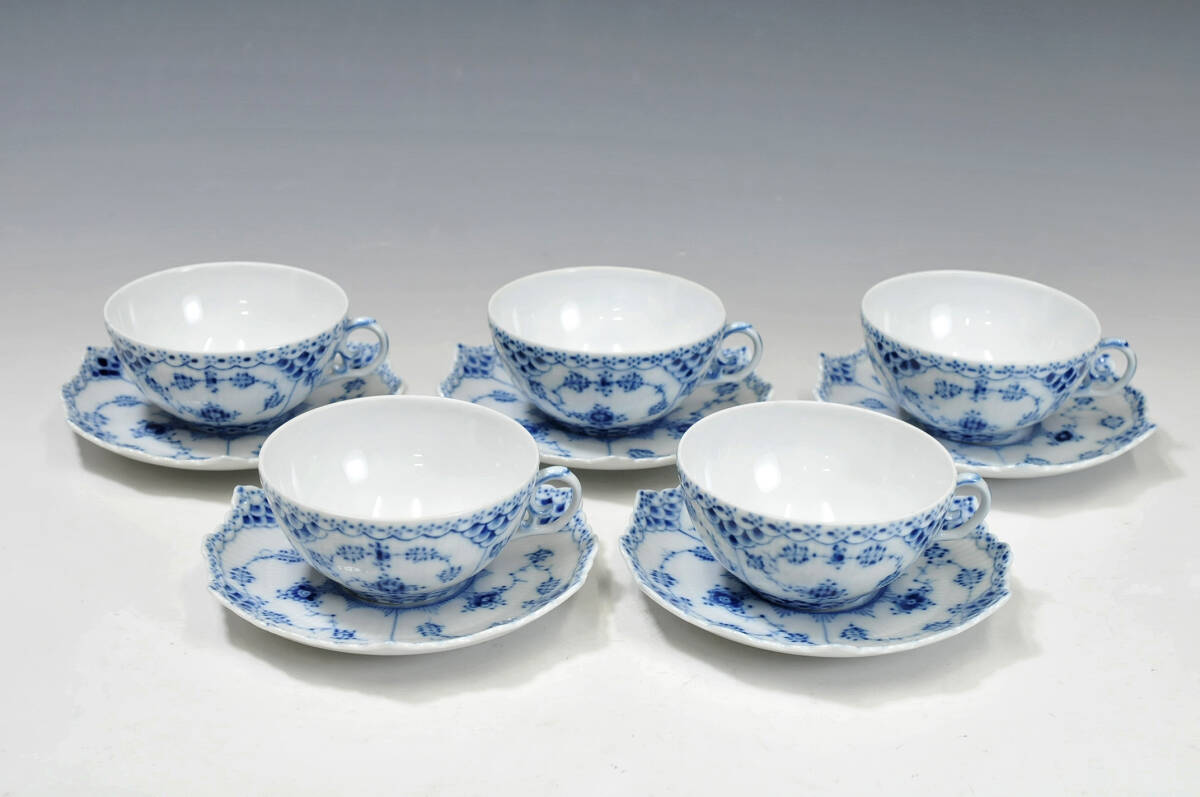 ロイヤルコペンハーゲン　ブルーフルーテッド　フルレース　カップ＆ソーサー5客　箱無　美品　0303170-6