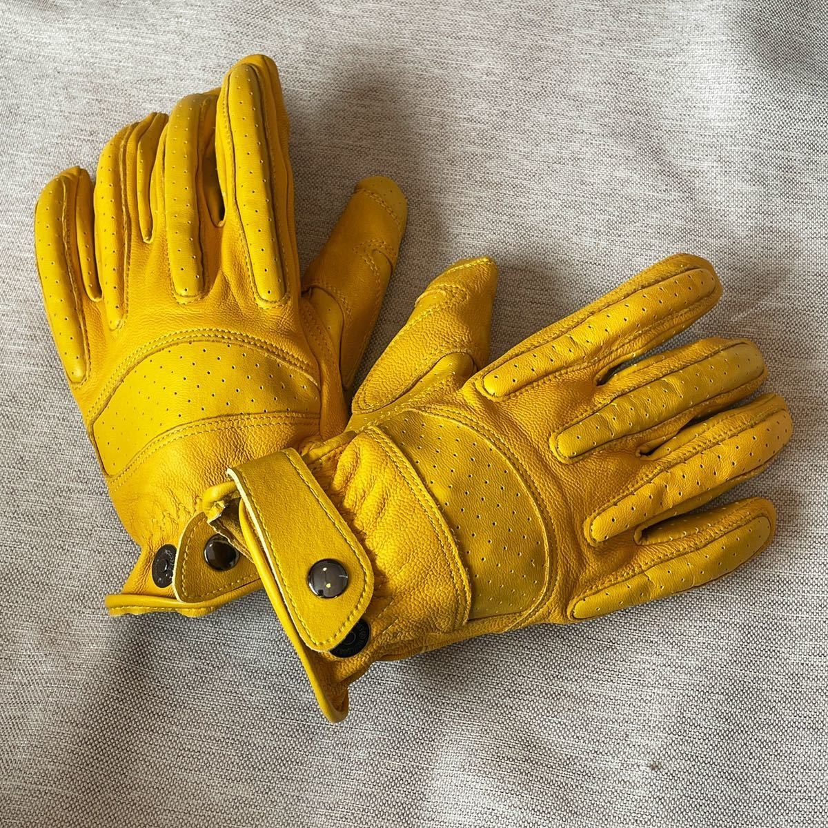 【Mサイズ 新品！ スマホ利用可能】レザーグローブ イエロー 黄色 オフロード ヴィンテージ バイクグローブ メンズ/レディース 革手袋の画像2