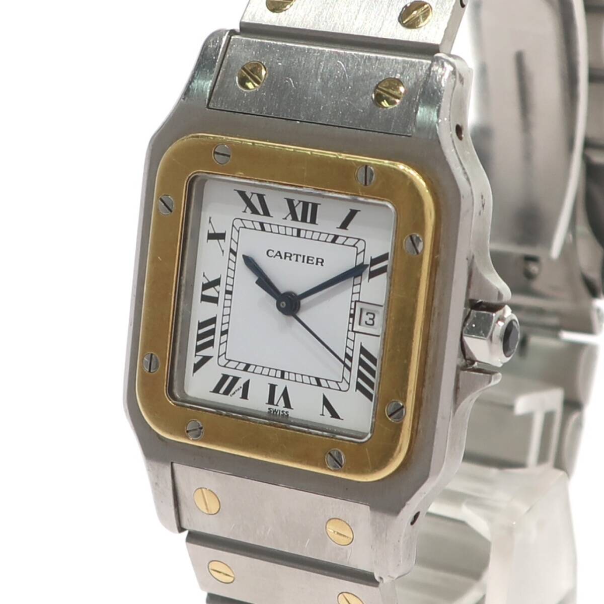 1円スタート 稼働品 Cartier カルティエ サントスガルべ K18YG イエローゴールド コンビ デイト 自動巻き ローマン 白文字盤 メンズ 腕時計の画像2