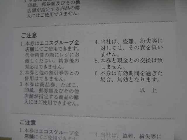 エコス 株主優待券 10,000円分（100円券×100枚）TAIRAYA たいらや マスダ ヤマウチ フードガーデン 期限2024年5月31日_画像2