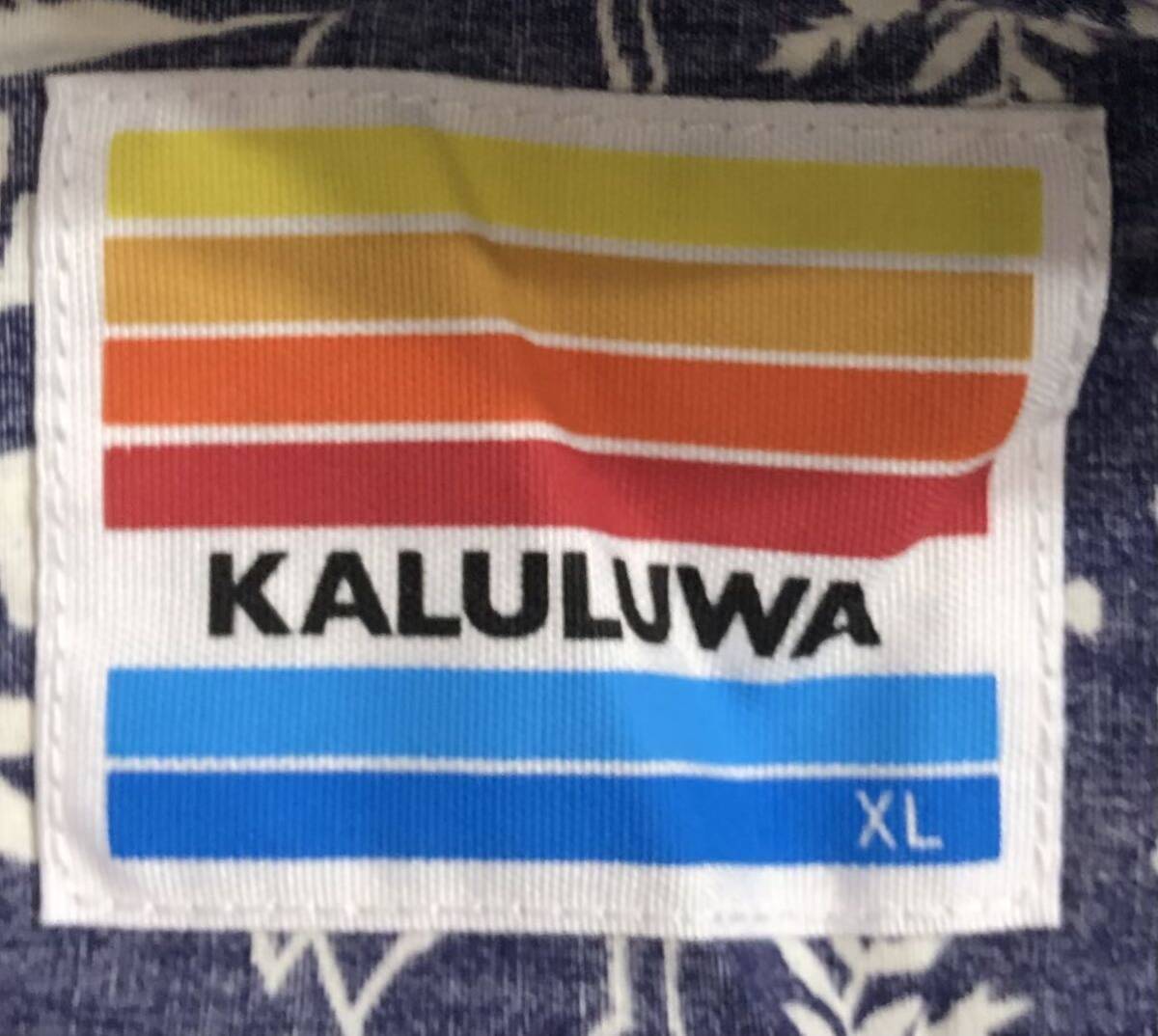 ■ KALULUWA カルルワ ■ リバース デザイン 総柄 プリント 半袖 コットン ボタンダウン アロハシャツ ネイビー×ホワイト XL_画像4