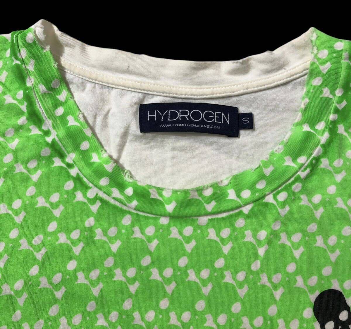 ● HYDROGEN ハイドロゲン ● ロゴ スカル 総柄 ダメージ加工 半袖 Tシャツ ホワイト×グリーン系 S_画像8