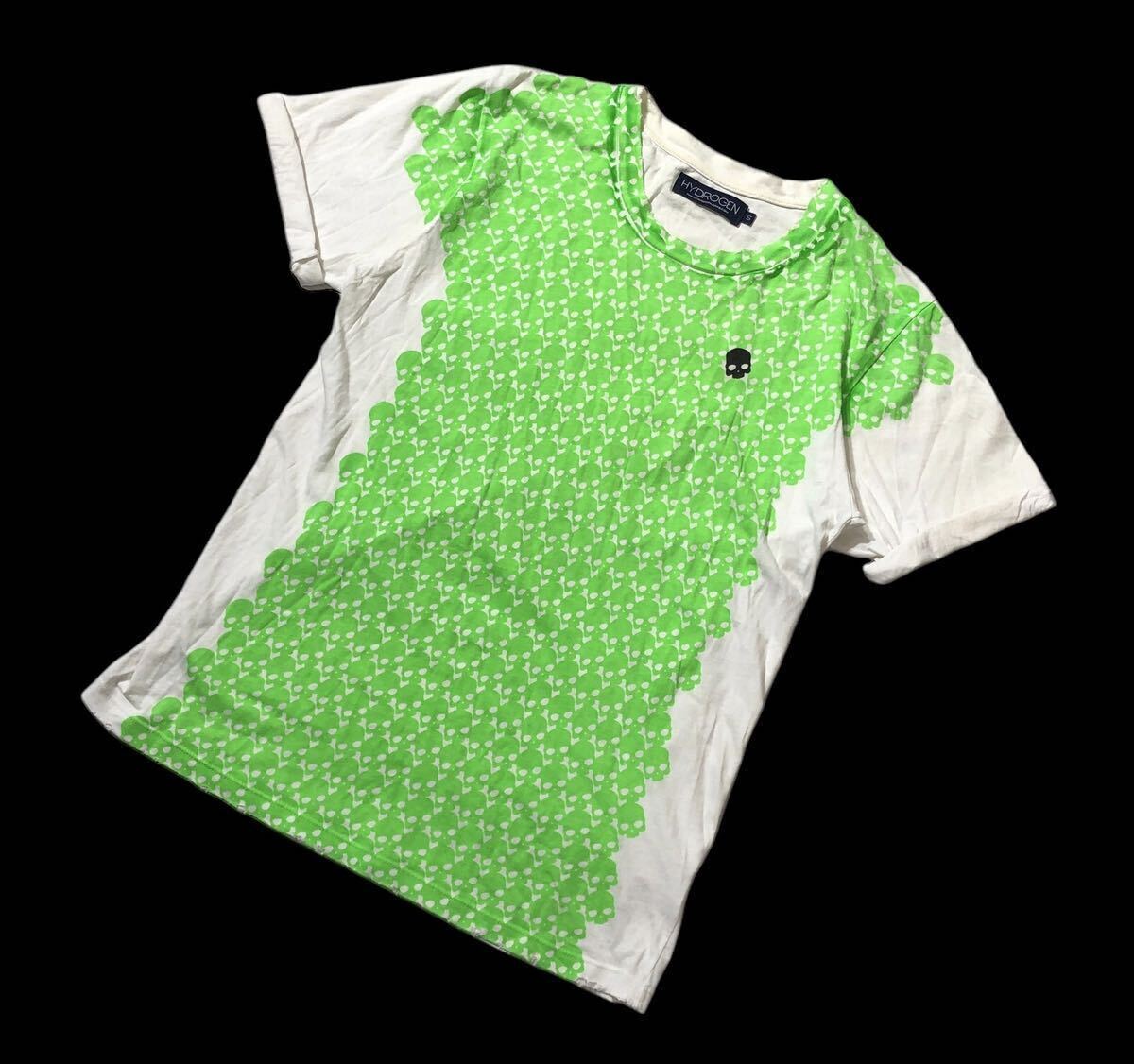 ● HYDROGEN ハイドロゲン ● ロゴ スカル 総柄 ダメージ加工 半袖 Tシャツ ホワイト×グリーン系 S_画像1