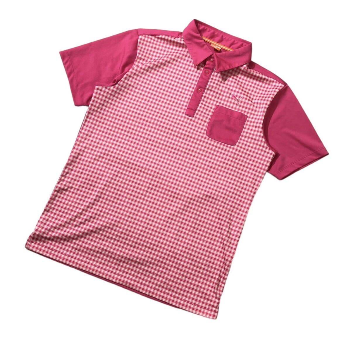 ● PUMA GOLF プーマゴルフ ● ロゴ 刺繍 18ホール プリント ギンガムチェック柄 半袖 ゴルフ ポロシャツ ピンク O_画像1