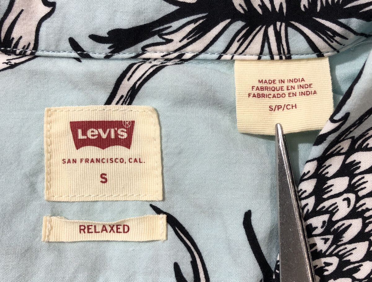 ● LEVI'S リーバイス ● ロゴ ラベル フラワー柄 半袖 開襟 レーヨン混 アロハシャツ ライトブルー S_画像6